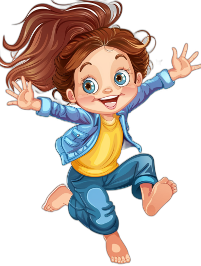 a cute little girl with brown hair, blue jacket and yellow shirt is jumping for joy wearing jeans clip art cartoon character on black background