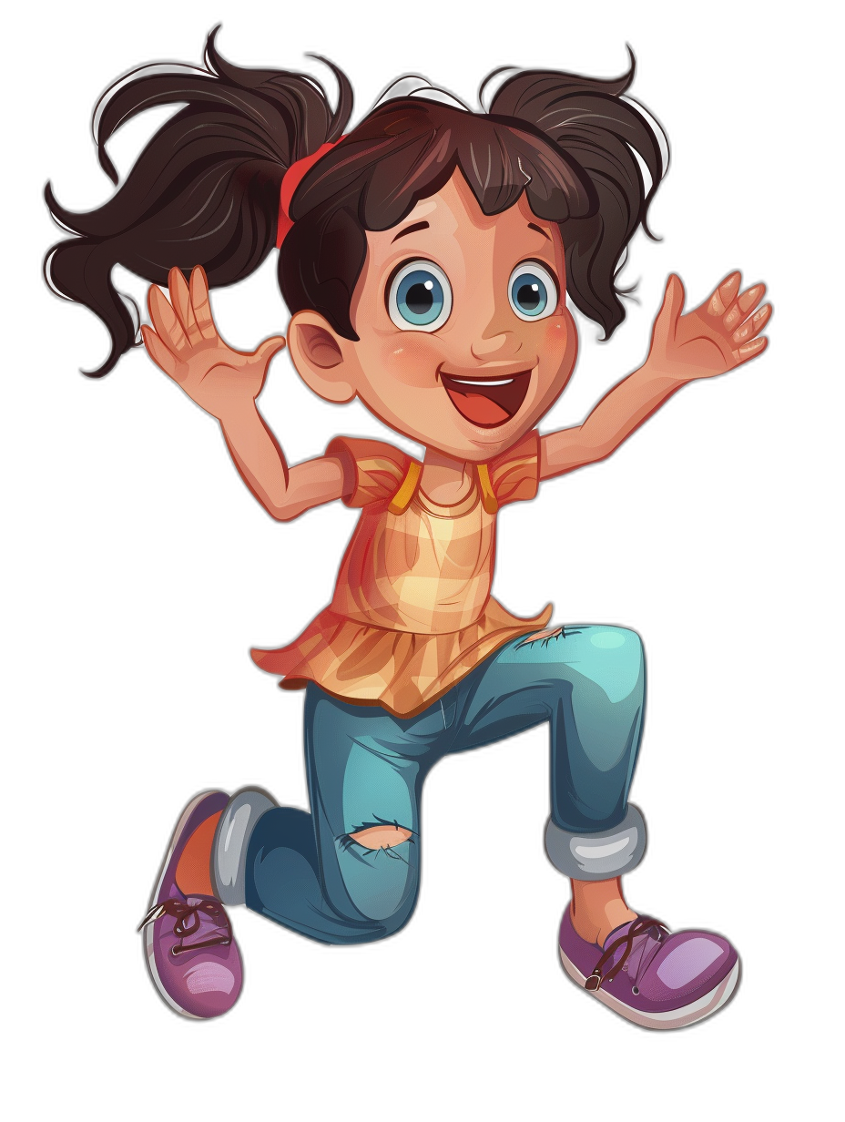 A cute little girl with brown hair in pigtails, blue eyes, wearing jeans and sneakers is jumping up and down excitedly on a black background. The style is cartoon-like, colorful illustration, and cute cartoon character design in the style of Pixar animation. It is a high resolution image.