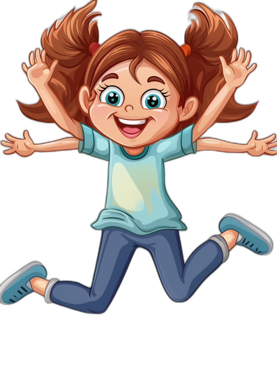 A cartoon girl jumping with joy, vector illustration, simple flat design with black background, no shadows, cute and friendly face, wearing blue jeans and tshirt, brown hair in pigtails, big eyes, cheerful expression, vibrant colors, detailed facial features, playful pose, high resolution, digital art style