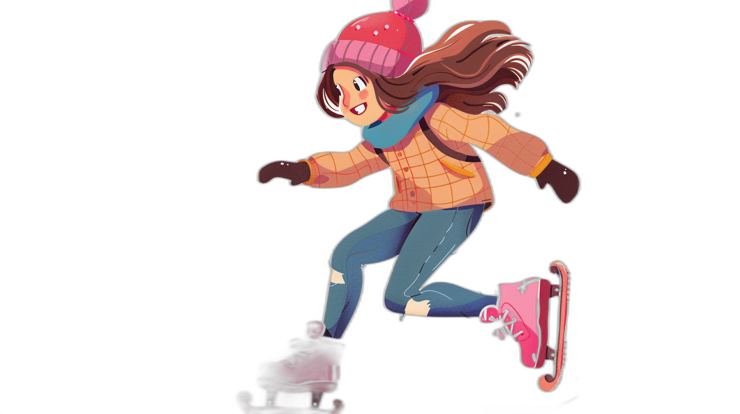 A cartoon girl skating on ice, wearing winter  and gloves, with a happy expression, in a full body portrait, against a solid black background, in the style of 2D game art, in the style of Disney animation, with a Qversion character design, with detailed facial features, wearing pink skates, using cool colors, with long brown hair and bangs.