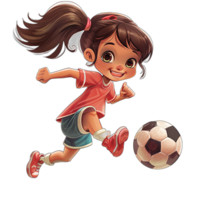 A cute little girl playing soccer in an illustration with a cartoon style and black background. She is wearing a red t-shirt and blue shorts, white socks, and pink shoes. She has brown hair in a ponytail hairstyle and a smiling face expression as she kicks the ball. The full body shot rendering is in high resolution and in the style of a Disney Pixar character design for a football game poster.