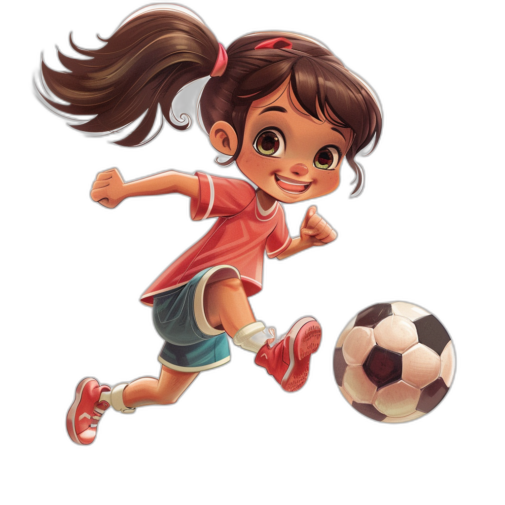 A cute little girl playing soccer in an illustration with a cartoon style and black background. She is wearing a red t-shirt and blue shorts, white socks, and pink shoes. She has brown hair in a ponytail hairstyle and a smiling face expression as she kicks the ball. The full body shot rendering is in high resolution and in the style of a Disney Pixar character design for a football game poster.