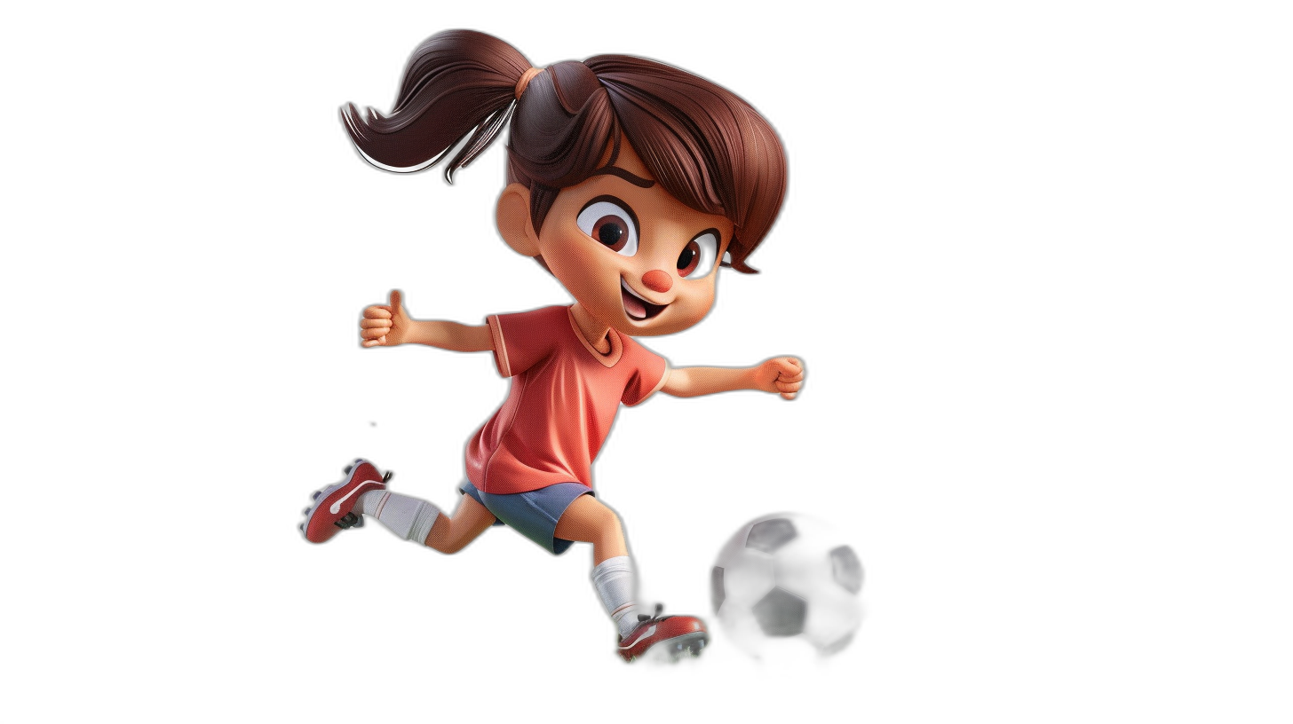 A cute girl playing football in the style of Pixar, cartoon character design, black background, 3D rendering, high resolution, high quality