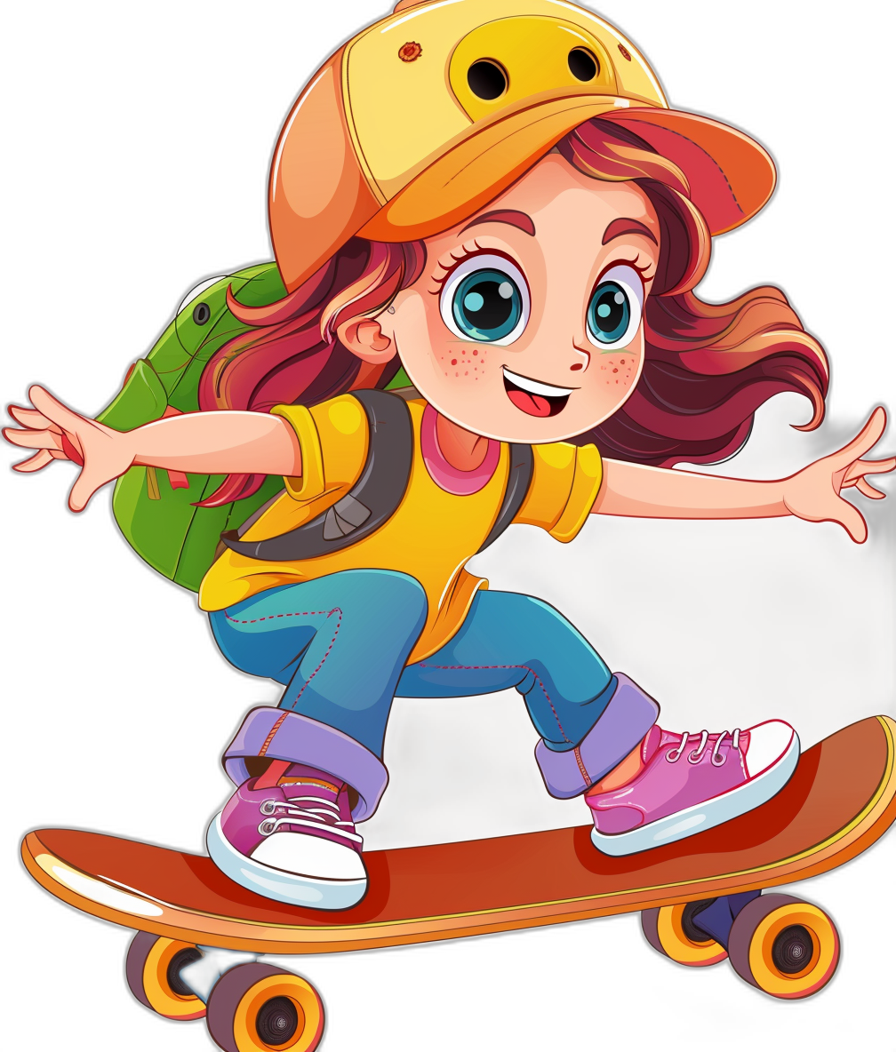 A cute girl cartoon character riding on skateboard isolated on black background, colorful detailed vector art illustration in the style of digital illustrations with bright and vibrant colors, clipart design, wearing yellow cap , backpack and pink shoes