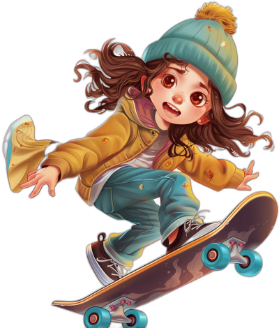 A cute girl is skateboarding, with brown hair and big eyes wearing an unbuttoned yellow jacket, a blue beanie hat on her head, dark green jeans, cool sneakers, on a black background, in the style of 2D game art, colorful cartoon illustrations, character concept design, high resolution, cartoonish caricatures, cartoonist characters, a vibrant color palette, in a dynamic pose.