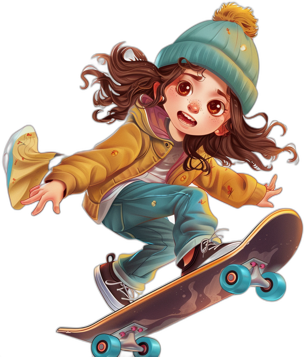 A cute girl is skateboarding, with brown hair and big eyes wearing an unbuttoned yellow jacket, a blue beanie hat on her head, dark green jeans, cool sneakers, on a black background, in the style of 2D game art, colorful cartoon illustrations, character concept design, high resolution, cartoonish caricatures, cartoonist characters, a vibrant color palette, in a dynamic pose.