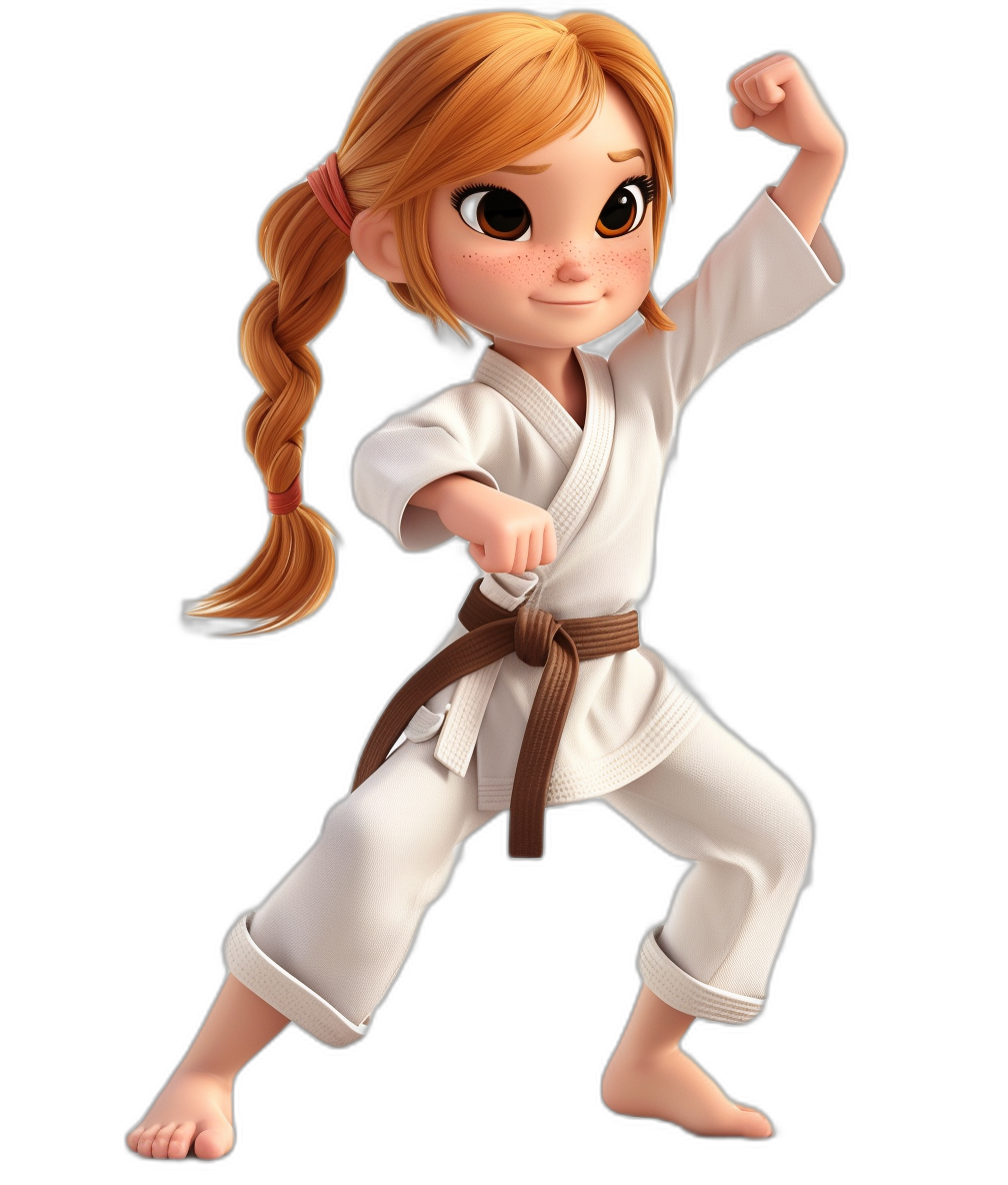 Cute girl in a white karate outfit, with a brown belt and braided hair, doing a side kick against a black background, in the style of Disney Pixar character design.