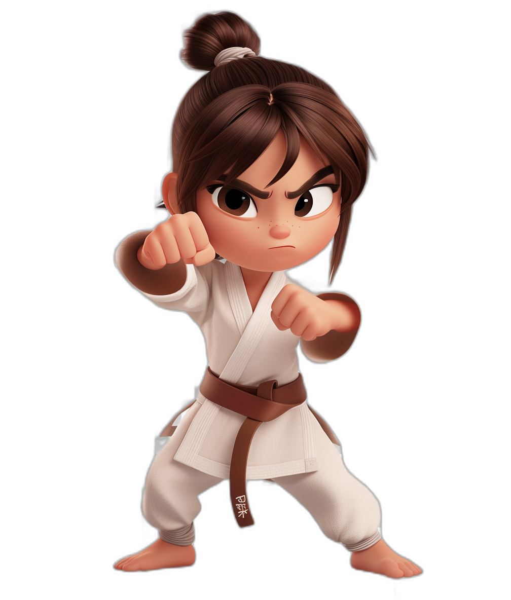 A cute chibi girl in a karate outfit doing a forward punch, with a white and brown color theme against a black background, digital art in the style of Disney Pixar studio, high resolution.