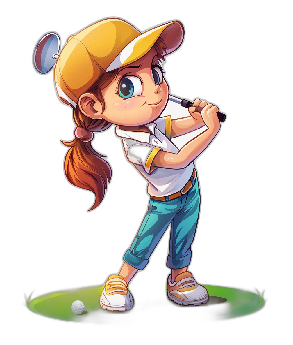 A cute girl playing golf, wearing a white polo shirt and blue pants with a yellow cap, against a black background, in the style of cartoon.