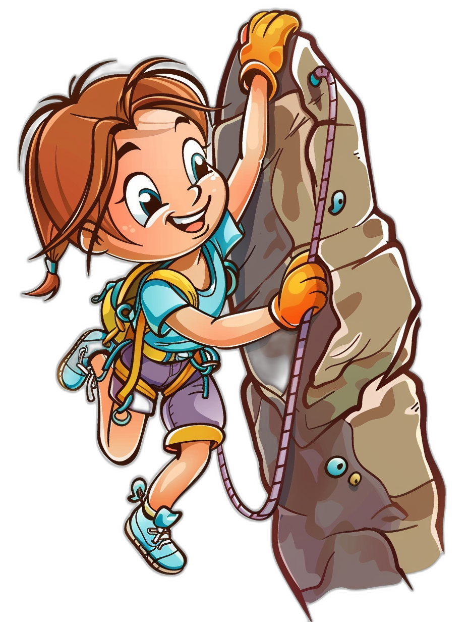 A cartoon girl climbing a rock wall in a clip art style with a black background, vector illustration for a t-shirt design. The character is smiling and wearing colorful gear like a helmet and backpack, holding onto the rope that draws up from below. She has brown hair in a short cut and blue eyes. A large boulder or cliff looms behind her as she reaches out towards it. Her hands are covered by yellow gloves to keep warm.