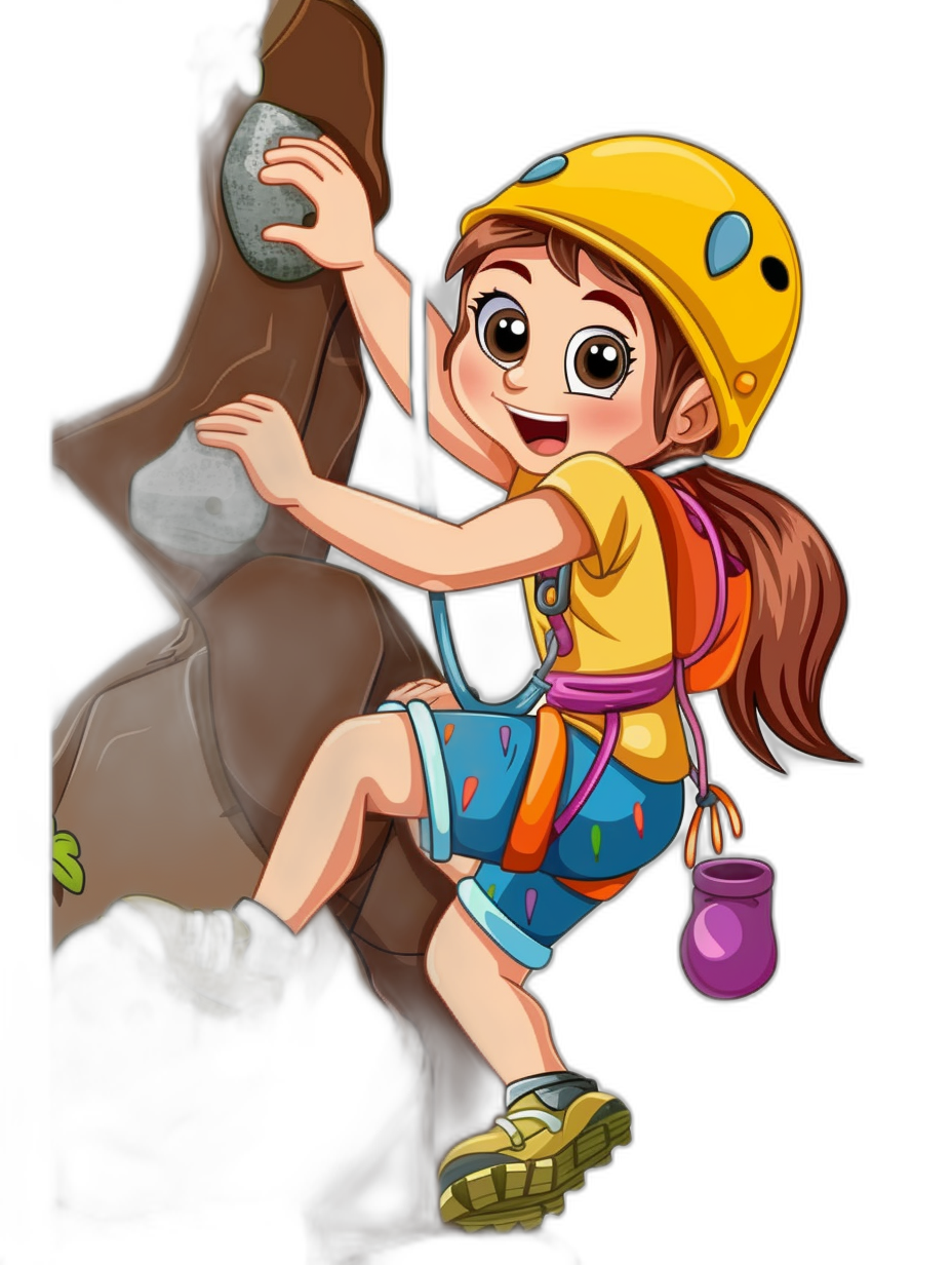 A young girl in climbing gear is holding onto the rock with one hand and reaching up to climb. She is wearing a safety helmet and shoes and smiling as she climbs. The illustration shows her from the front. It is a cartoon illustration on a black background. The character has bright colors and bold outlines typical of the style of Japanese anime. It is set against an isolated white backdrop for easy color application using digital art techniques.