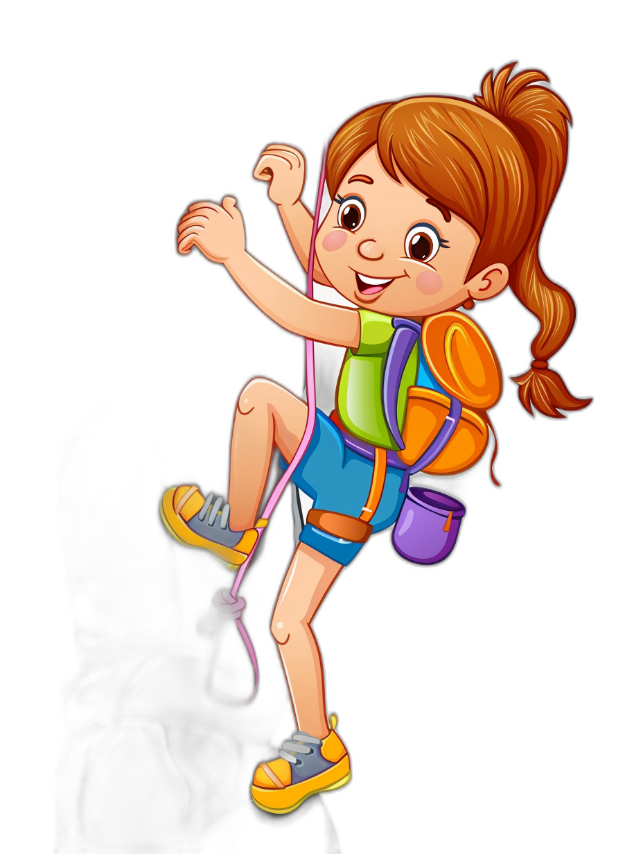 Cute cartoon girl climbing with ropes, a backpack and hiking boots on a black background, a vector illustration for print design. The style is colorful and cheerful, in the style of no artist. The picture has high resolution, no text or letters, high detail, high quality, high definition and high contrast sharpness.