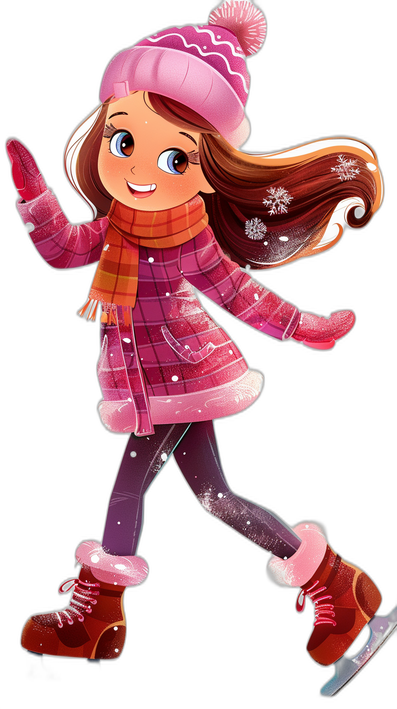 A cartoon girl is skating, wearing pink and red winter  with snowflakes on them, wearing gloves, scarves and a hat, with long brown hair, against a black background, in the clipart style, in the style of Disney Pixar animation, cute, happy face, a full body shot, high quality, high resolution, colorful, in a cartoon style, in an illustration style, with high detail, high definition.