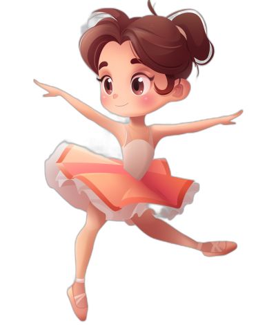 Cute ballerina in chibi style, dancing with one leg raised, wearing an orange and pink tutu, brown hair in short buns on her head, vector illustration on black background, cute cartoon character, cute Disney Pixar inspired, digital art in the style of [Artgerm](https://goo.gl/search?artist%20Artgerm), full body portrait, high resolution, high detail, sharp focus, studio photo, intricate details, highly detailed