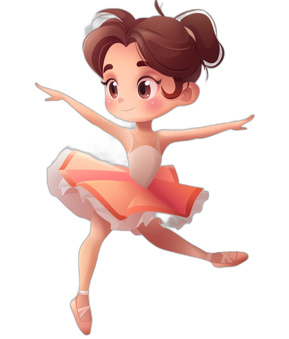 Cute ballerina in chibi style, dancing with one leg raised, wearing an orange and pink tutu, brown hair in short buns on her head, vector illustration on black background, cute cartoon character, cute Disney Pixar inspired, digital art in the style of [Artgerm](https://goo.gl/search?artist%20Artgerm), full body portrait, high resolution, high detail, sharp focus, studio photo, intricate details, highly detailed