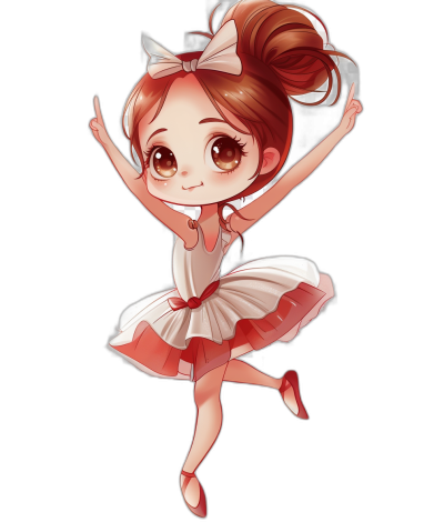 chibi style, cute ballerina in red and white dress with brown hair in bun on black background