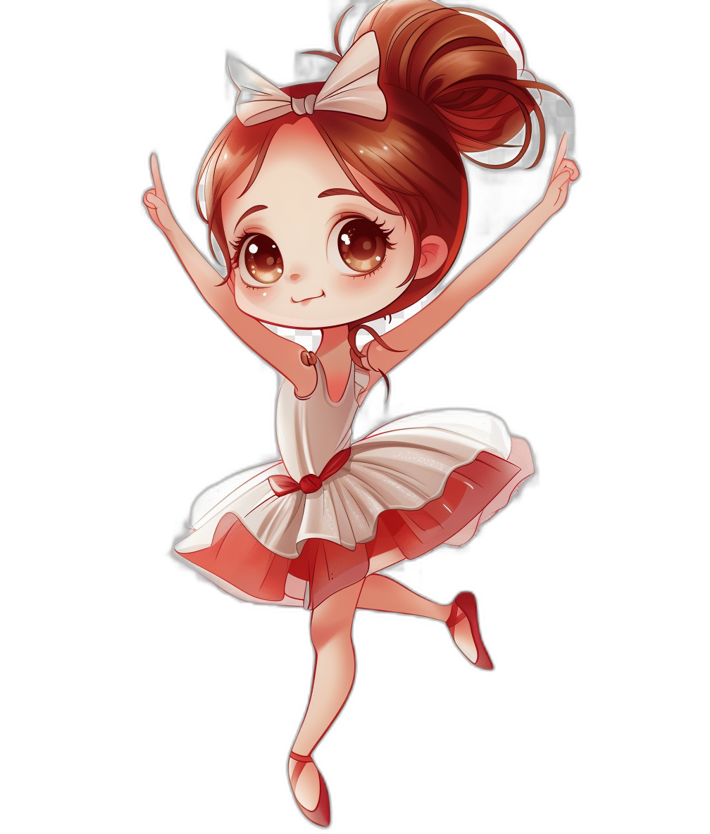 chibi style, cute ballerina in red and white dress with brown hair in bun on black background