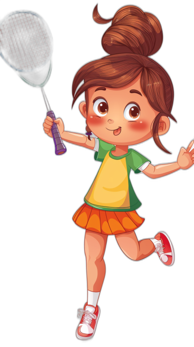 Cute little girl playing badminton, wearing sports  with red shoes and a green short-sleeved top, holding the racket in her hand, in the style of a cartoon, a simple drawing, with a black background, a full body portrait in a front view, a flat illustration, like 2D game art, with a cute expression, in the style of a cartoon character design, with a high definition resolution, using bright colors, depicting lively movements, in the style of a cartoon.