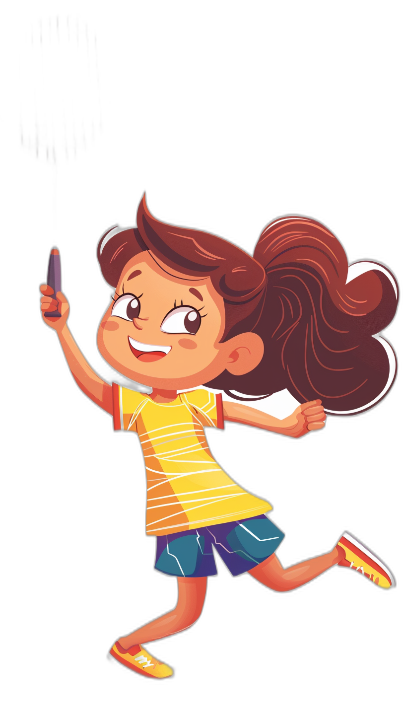 A cute little girl is running and holding an eraser in her hand, smiling happily with a black background. She has long brown hair tied into pigtails, wearing colorful short sleeves, yellow shoes on her feet, blue shorts underneath, a bright smile, big eyes, a flat illustration style with simple lines and simple details, a black background. The picture should have clear contours of characters. A flat cartoon style.