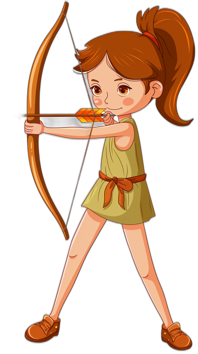 A cute little girl with brown hair in pigtails, wearing an olive green dress and orange shoes is shooting arrows from her bow on black background. Vector illustration style. Cartoon vector graphics. Full body portrait of the archer character. The young woman has long legs. She holds two bows made out wood and arrow and aiming at target above. Her eyes have brown color. Illustration for children’s book or cartoon book cover design. Black isolated background.