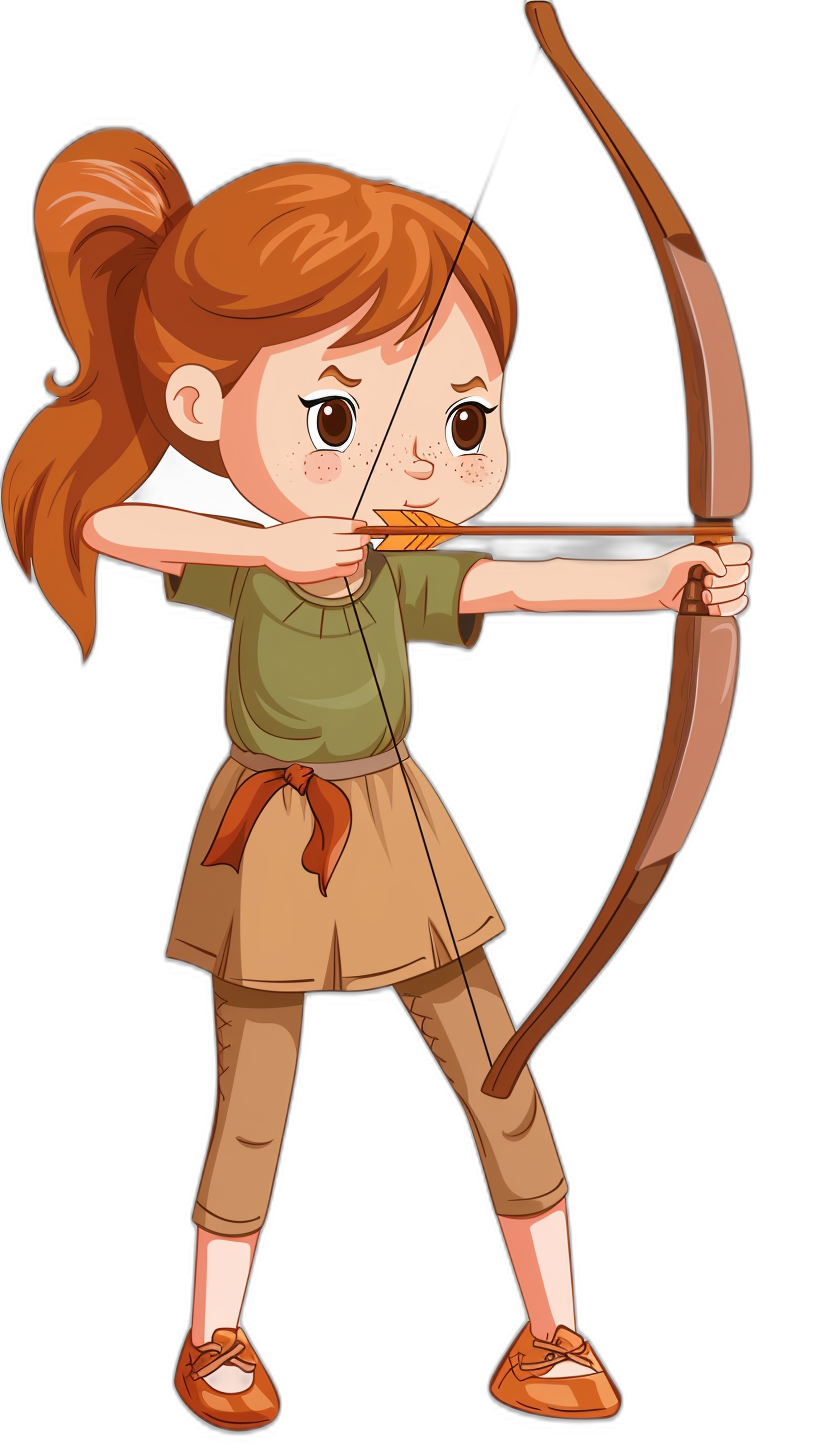 A cartoon girl is shooting with an arrow in a simple drawing style with flat illustration on a black background as a full body portrait. She is wearing brown short sleeves and khaki pants, holding the bow at chest height. The girl has red hair tied in pigtails. The archer character stands upright while aiming her crossbow towards the camera in the style of an animated cartoon. Her eyes have clear big pupils and her mouth is slightly open to convey emotions of confidence or joy. It is in an animated cartoon style using vector graphics.