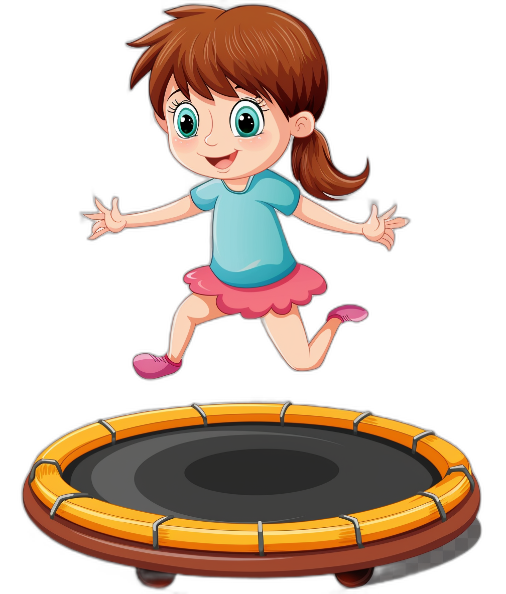 A cartoon girl jumping on a trampoline in a vector illustration style with a black background. She has brown hair and is wearing a blue top, pink skirt, and white shoes and has green eyes. The colors of her outfit match well with that color. Isolated in a Black Background, front view.