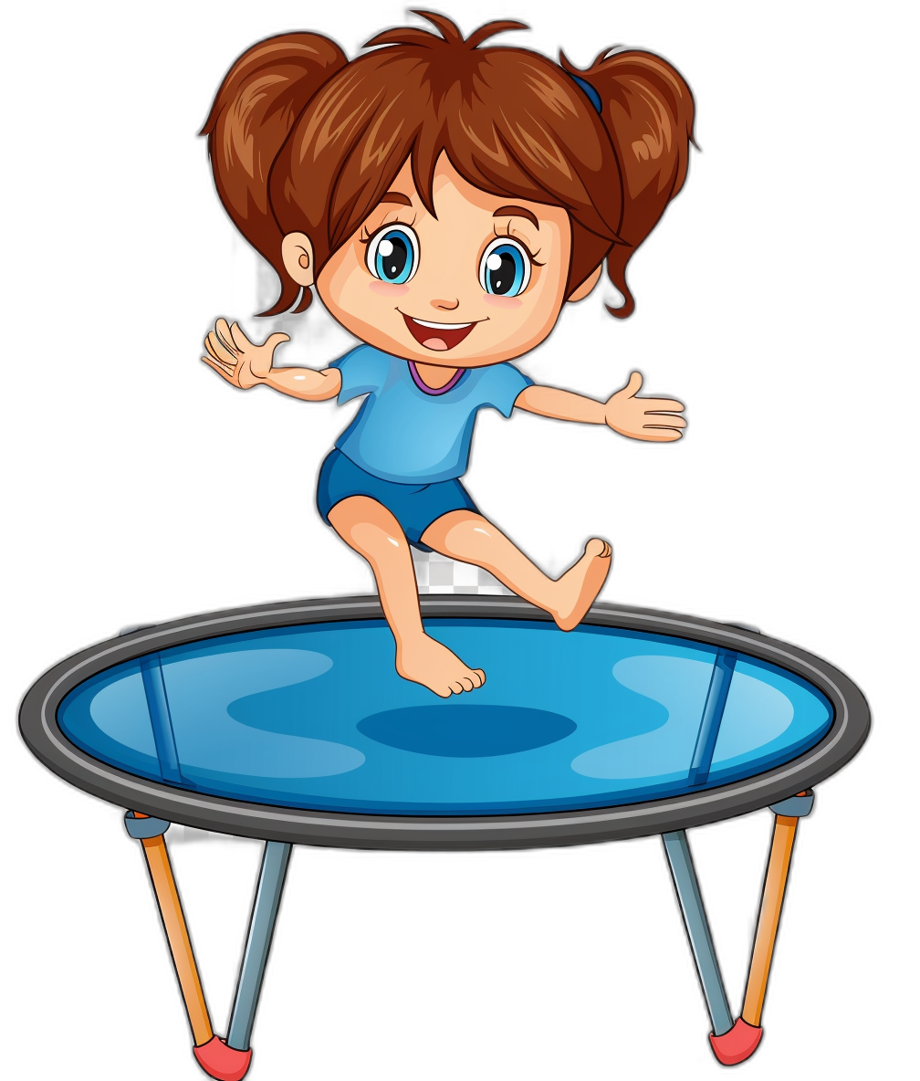 A cartoon girl is jumping on the trampoline in a vector illustration with a black background. The style is simple and cute with blue and brown hair and big eyes depicted with simple lines. It is a full body portrait drawn in solid color.