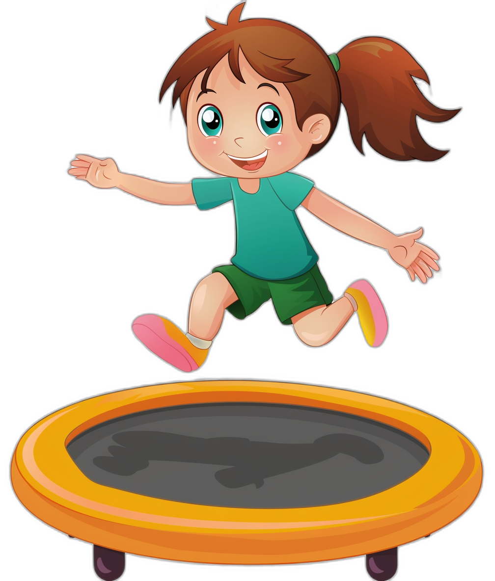 a cartoon girl jumping on the trampoline, clip art style, vector illustration, simple, cute, black background, high resolution, no text or letters in photo