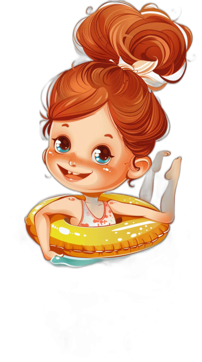 Cute little girl with red hair in an inflatable ring in a swimming pool on a black background, in the style of cartoon style with bright colors, vector graphics, cute characters, white and orange tones, big eyes, smile, character design for a game, game art illustration in the style of cartoon style with high detail, high resolution.