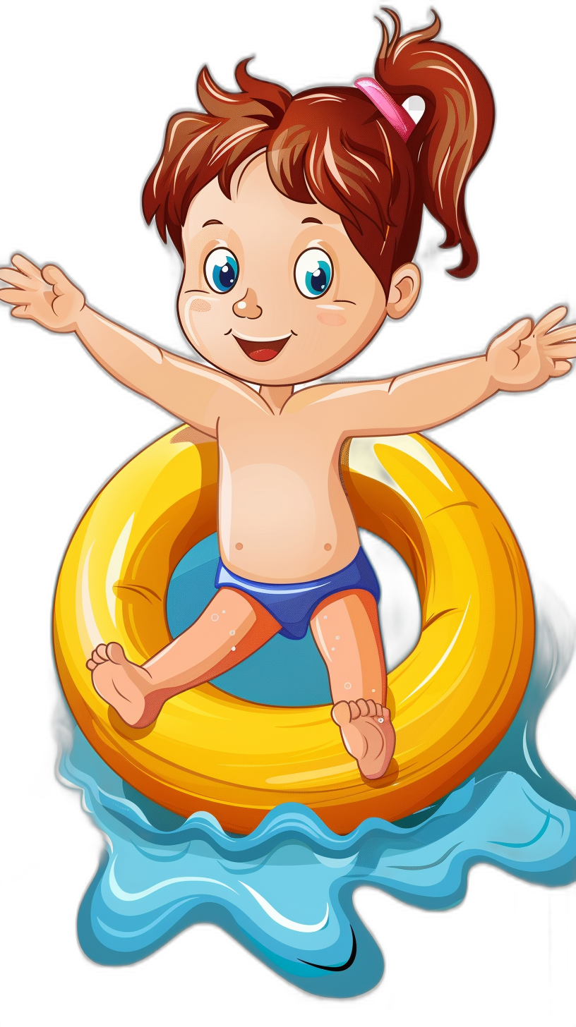 vector cartoon of little girl with brown hair and blue eyes, on top is sitting in an inflatable ring floating at the bottom there’s water black background, clip art style, she has big smile, cute cartoon character, she wearing swimming suit