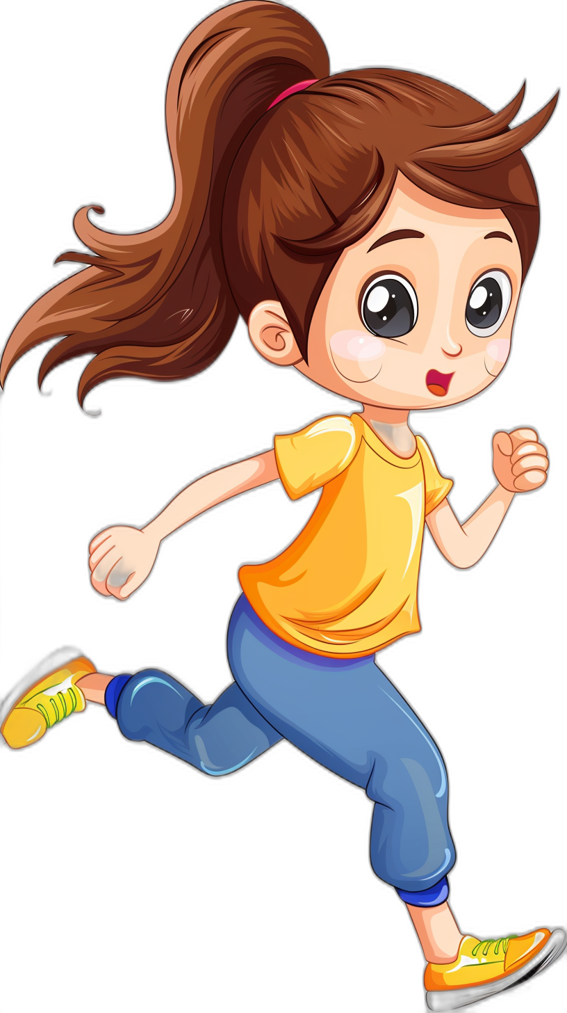 Cute cartoon girl running, wearing a yellow T-shirt and blue pants with a black background. The little girl has big eyes, long brown hair tied in a ponytail, a smiling face, shown from the side, in a flat illustration style, with a full body shot, of a simple design, with bright colors, in the vector graphics style, at a high resolution, with no shadows. Highly detailed. Vector graphic, in the style of no specified artist.