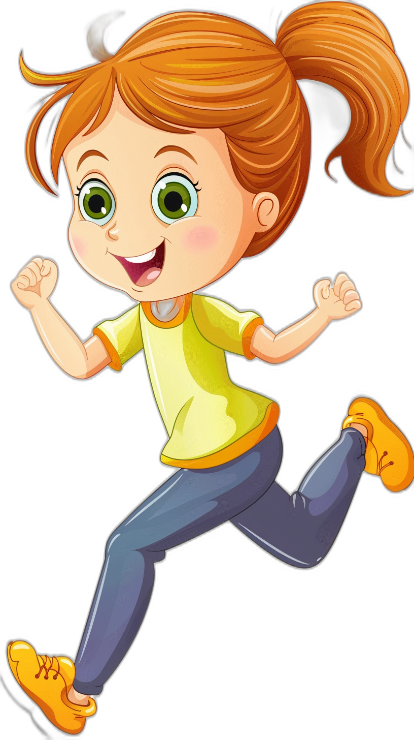 cartoon illustration of happy girl running, ginger hair in ponytail with green eyes and yellow shirt blue pants orange shoes on black background