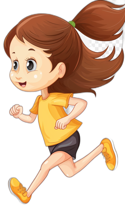 A cartoon girl is running in a vector illustration with a flat design style on a black background as a full body portrait. She is cute and adorable. She has brown hair in pigtails wearing a yellow t-shirt and dark grey shorts paired with bright orange shoes. The character should have large eyes that convey an expression of joy on her face while she runs forward. There are no text or other elements present in the scene except for her facial features and  details in the style of his facial features and  details.