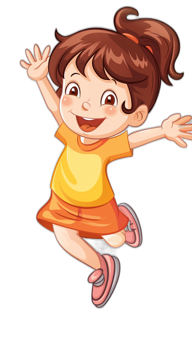 A cute little girl is jumping, smiling and happy in the style of cartoon on a black background.