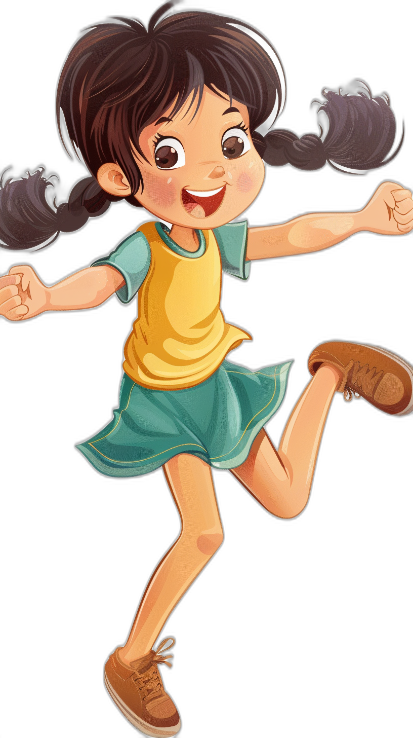 A cute little girl is happily running, wearing short sleeves and shorts on her upper body, with black hair tied in two braids at the back of her head. She wears brown shoes and has an orange smile on her face. The background color should be pure black, and she needs to have some simple strokes drawn in the style of Qversion for drawing cartoon characters.