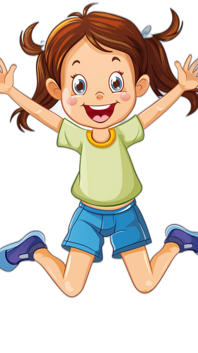 A cute cartoon girl jumping in a simple drawing style with a black background. A vector illustration with a simple design and flat colors with no shadows of the cartoon character and no outlines. The illustration is high resolution, high quality, high detail and high definition.