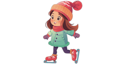 A cute girl ice skating, simple flat vector illustration with a black background, winter and hat, cartoon style, 2D design, simple lines, simple shapes, bright colors, adorable characters. The character is wearing red skates on her feet, she has brown hair and wears a green coat and purple pants. She's smiling happily while performing figure skating skills in the style of rollerblading.