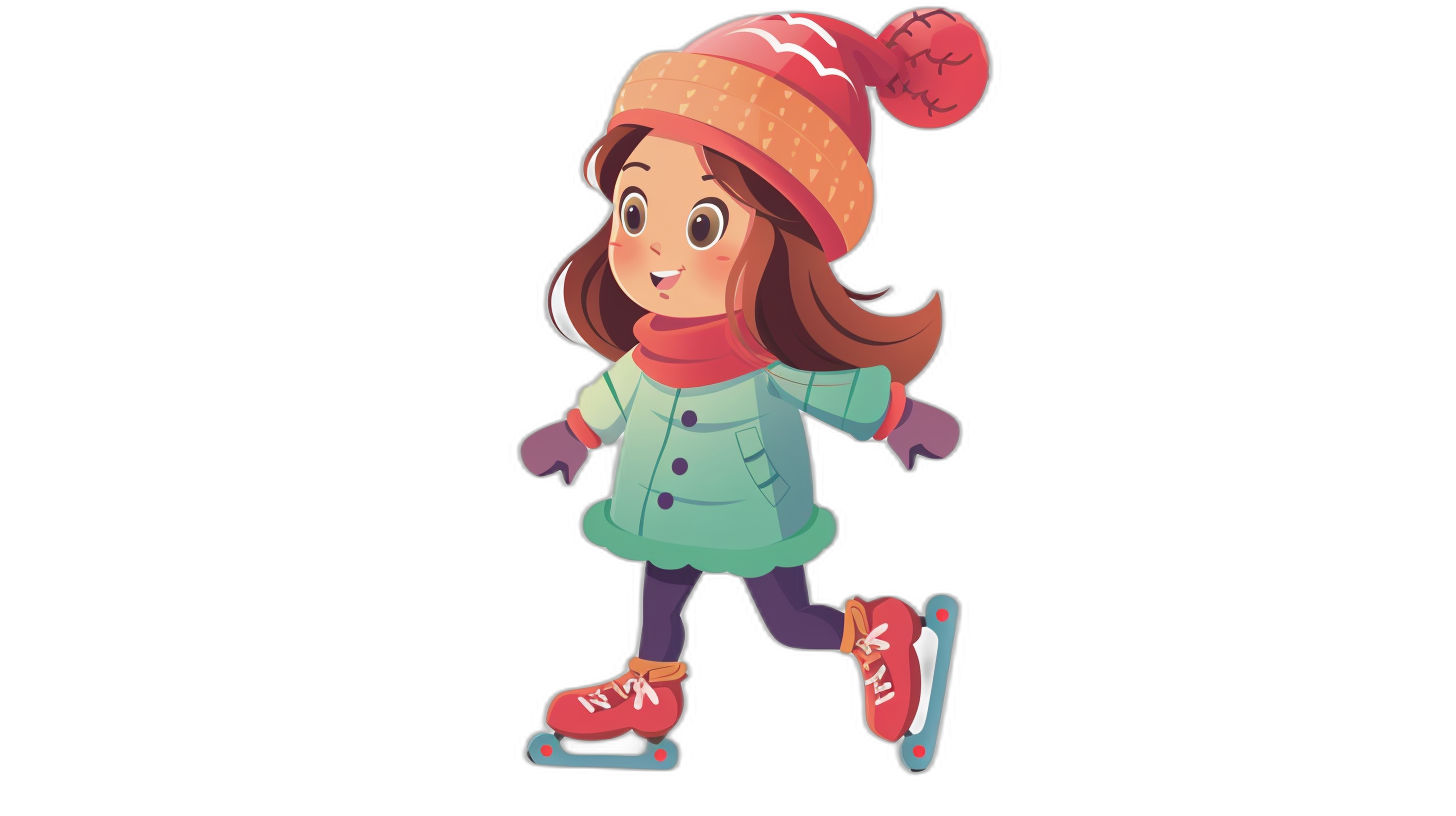 A cute girl ice skating, simple flat vector illustration with a black background, winter and hat, cartoon style, 2D design, simple lines, simple shapes, bright colors, adorable characters. The character is wearing red skates on her feet, she has brown hair and wears a green coat and purple pants. She’s smiling happily while performing figure skating skills in the style of rollerblading.