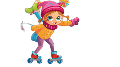 Cute cartoon girl on roller skates isolated on black background, colorful illustration with happy face and cheerful expression in winter outfit for kids book