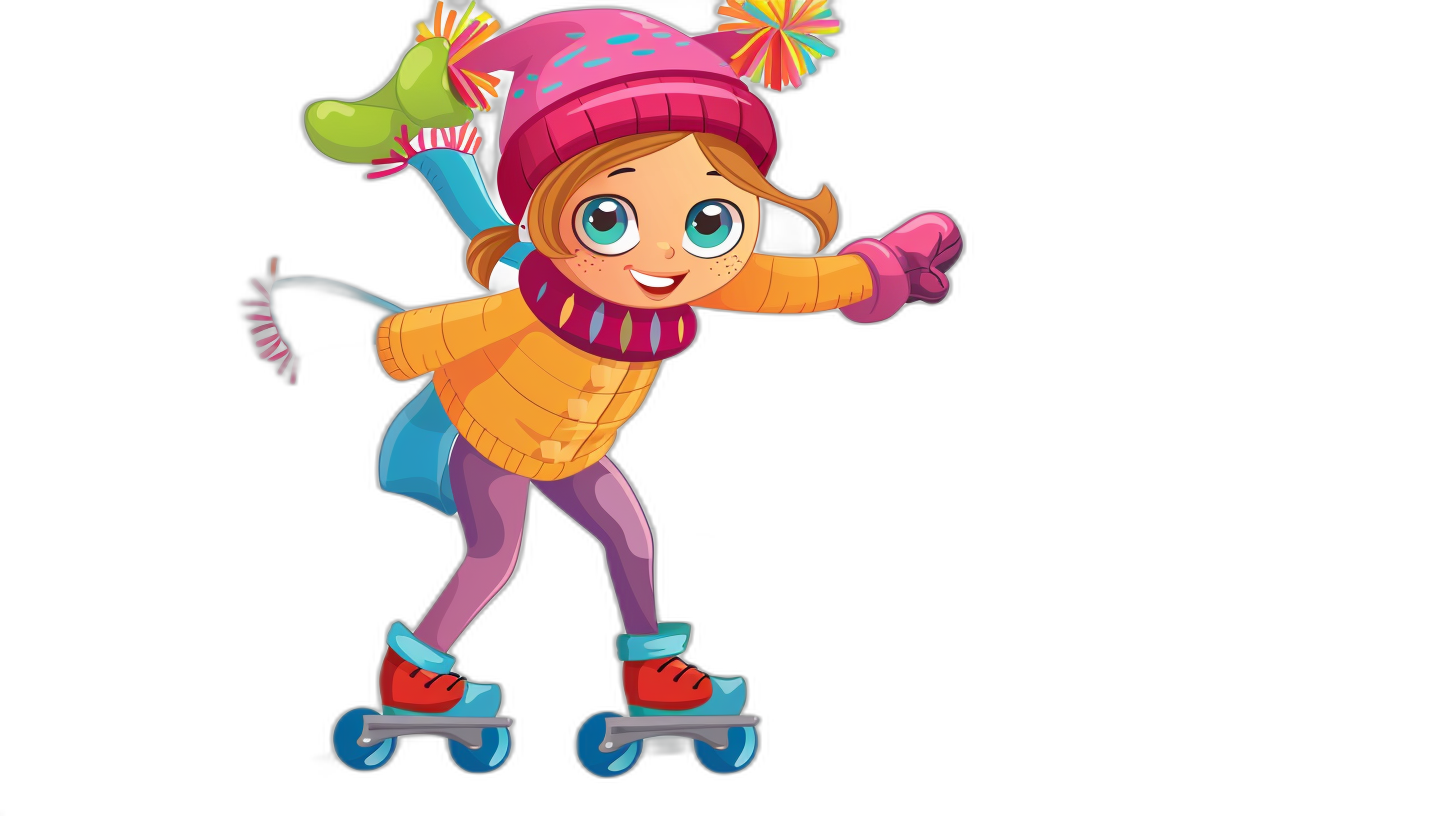 Cute cartoon girl on roller skates isolated on black background, colorful illustration with happy face and cheerful expression in winter outfit for kids book