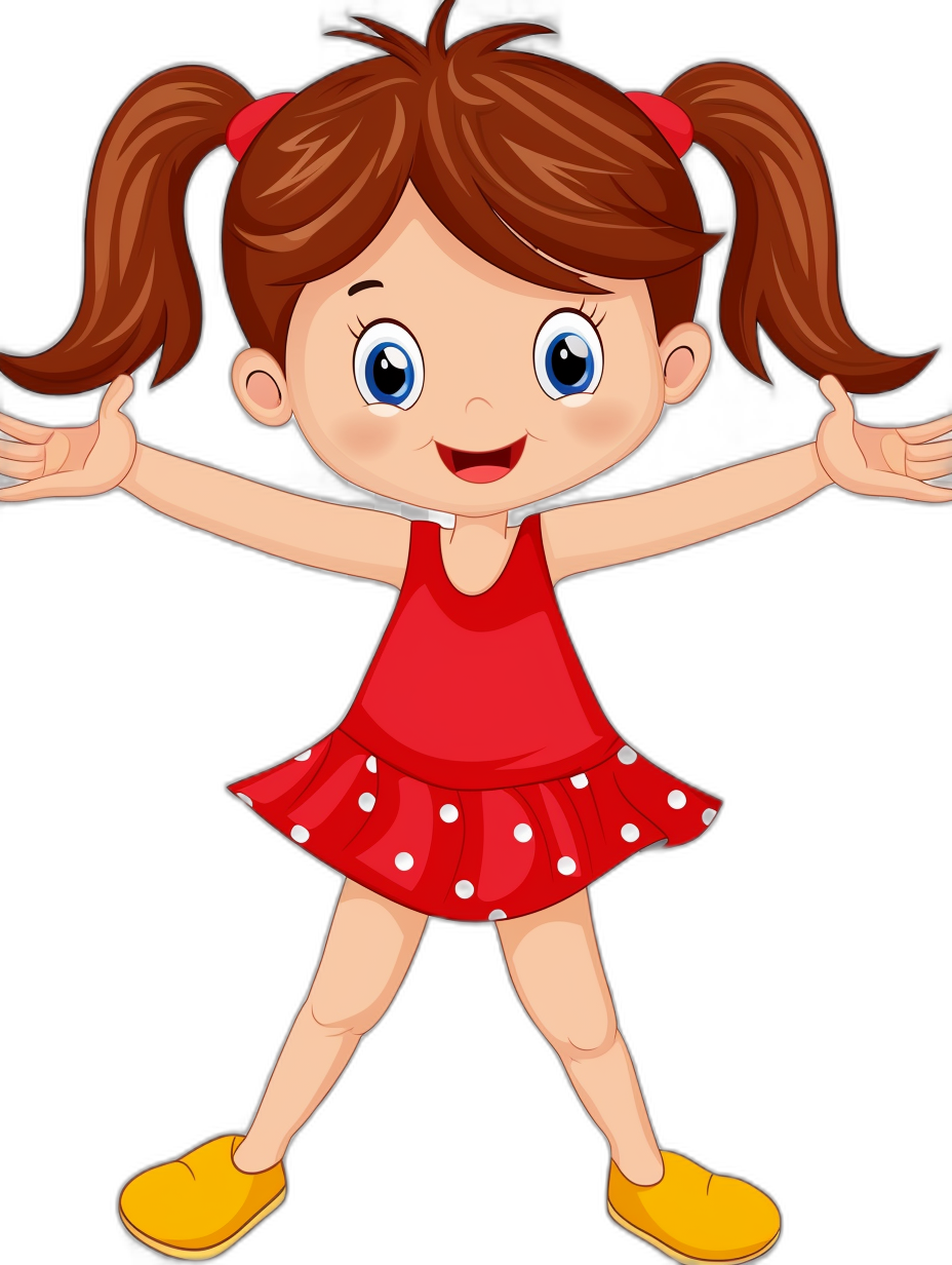 A cute cartoon girl in red dress with white polka dots, pigtails and yellow shoes on black background smiling arms outstretched vector