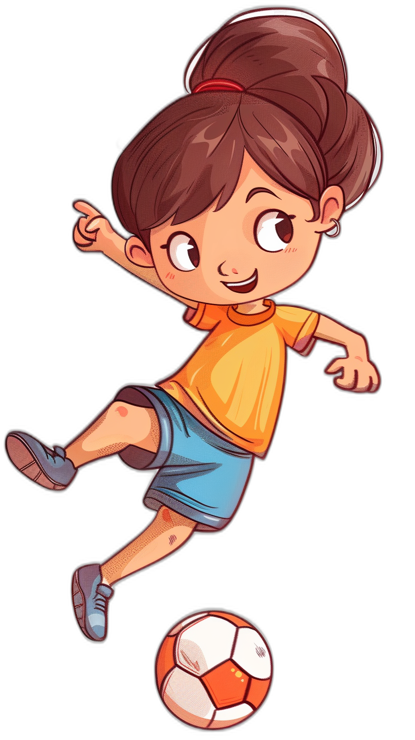 A cute little girl is kicking a soccer ball in the style of a cartoon style vector illustration on a black background, with simple lines and a flat design, of a chibi character, like 2D game art, with simple details, at a high resolution, high quality, high detail, and high definition.