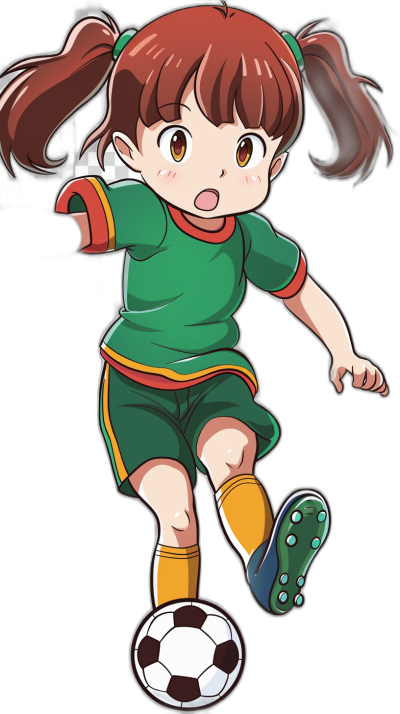 anime girl playing soccer in the style of a sticker on a black background. She wears a green and yellow uniform with red accents and has brown hair in pigtails. Her cartoon face is kicking a white soccer ball with her foot wearing white shoes.