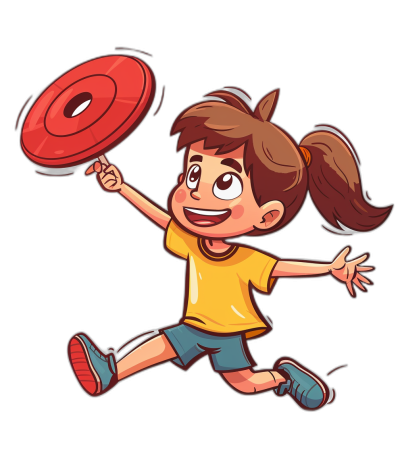 A cartoon vector illustration of a cute happy girl playing frisbee in the style of clip art on a black background.