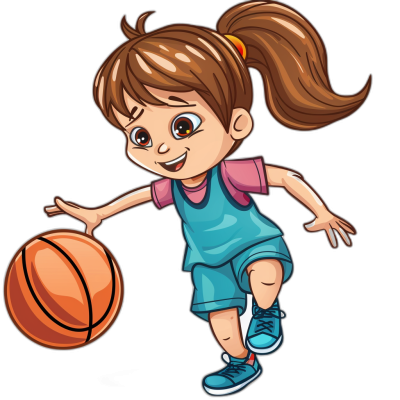 vector cartoon of girl playing basketball, clip art sticker style isolated on black background no shadow in the pixar style