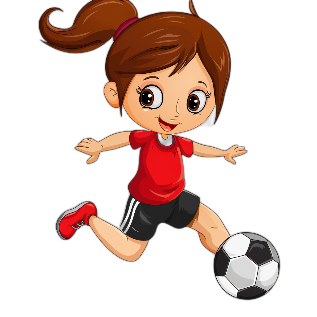 A cartoon girl playing soccer, vector illustration with black background, simple and cute style, wearing red tshirt, short pants in dark grey color, brown hair, long ponytail hairstyle, kicking the ball, smiling face expression. She is running fast on her feet wearing bright colored shoes. The character should have detailed features such as eyes, nose, mouth, ears, fingers, hands or legs to give it an authentic appearance.