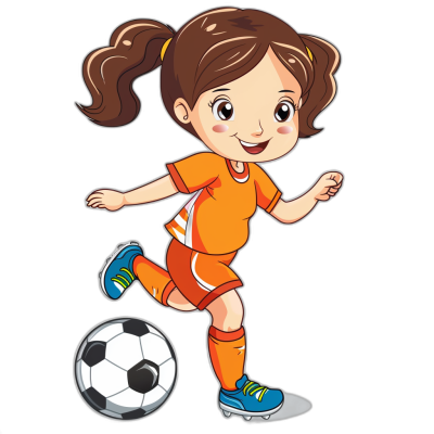 a cute cartoon girl soccer player in orange uniform with brown hair and pigtails, kicking the ball towards you on black background for shirt design