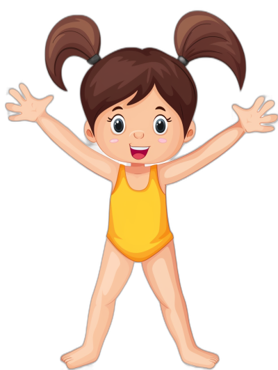 Cute cartoon girl doing gymnastics, vector illustration with a black background. She is wearing a yellow swimming suit and has two pigtail hair style. Her hands are up in the air to show her cheerful expression. The character should have large eyes that convey friendliness or joy. It's designed for clipart or graphic design purposes. Isolated on a white background. Vector Illustration. No Shadow. No shading. The style is reminiscent of cartoons from that era.