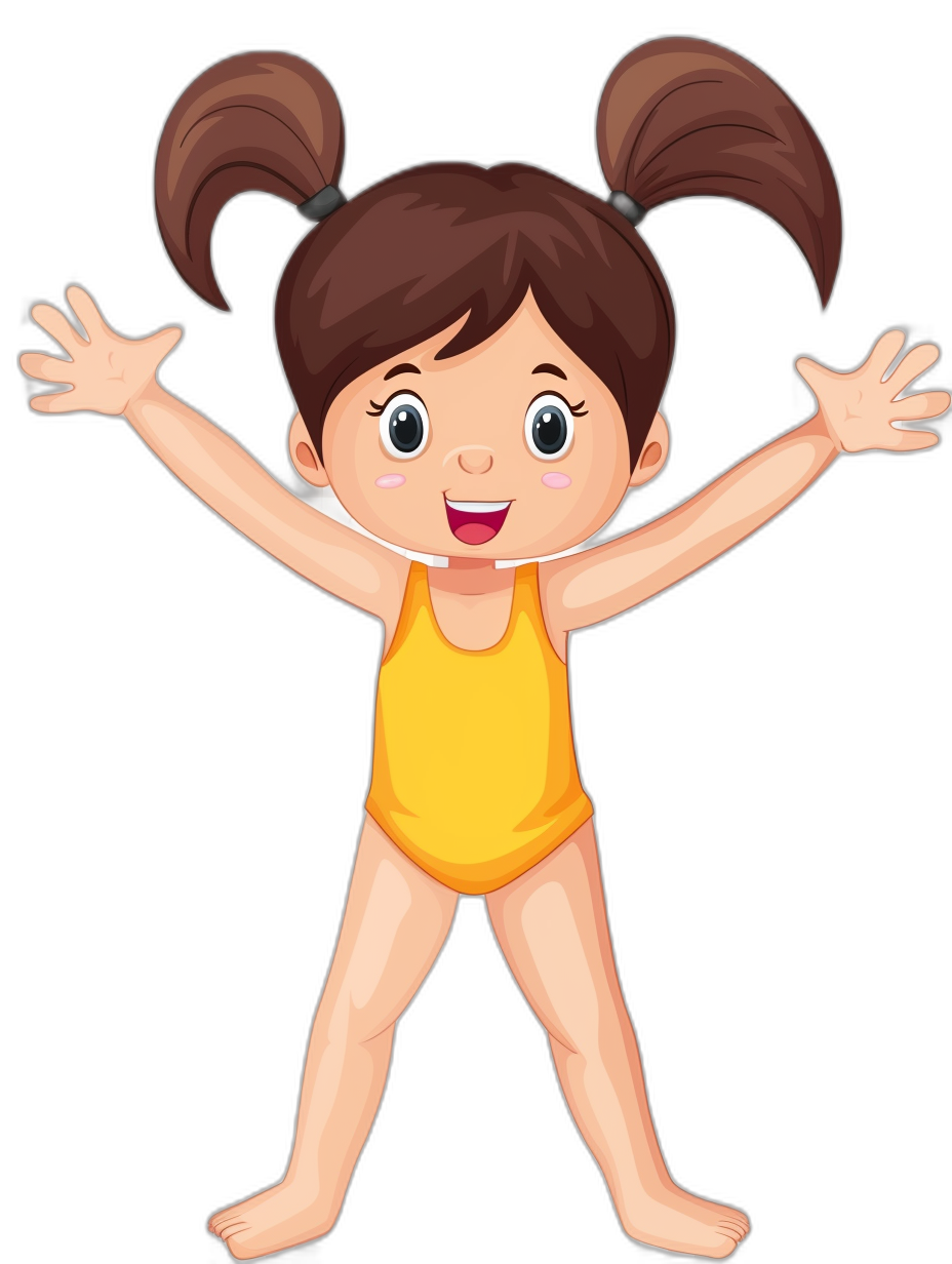 Cute cartoon girl doing gymnastics, vector illustration with a black background. She is wearing a yellow swimming suit and has two pigtail hair style. Her hands are up in the air to show her cheerful expression. The character should have large eyes that convey friendliness or joy. It’s designed for clipart or graphic design purposes. Isolated on a white background. Vector Illustration. No Shadow. No shading. The style is reminiscent of cartoons from that era.