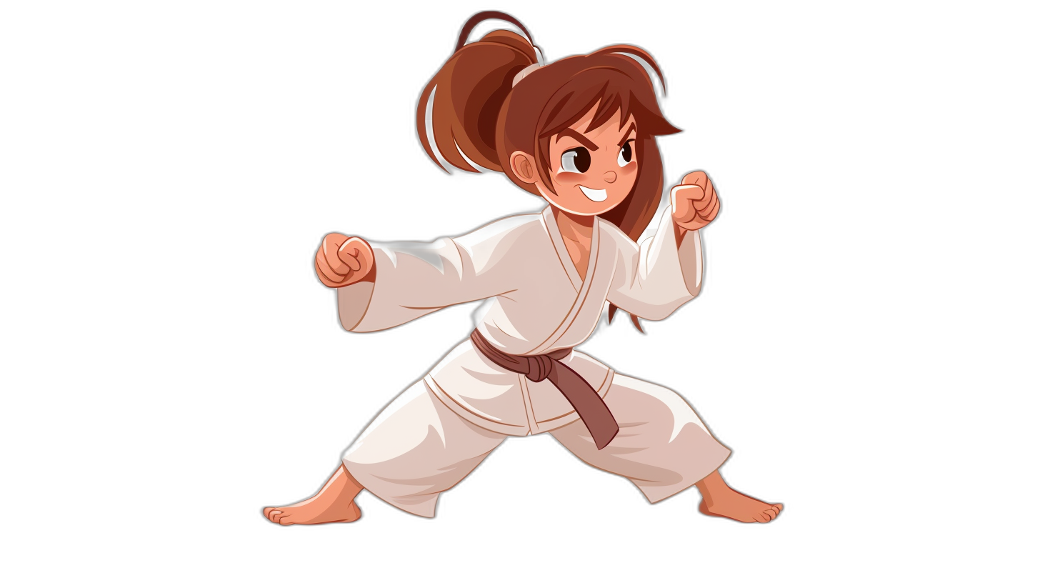 A young girl with brown hair in pigtails dressed in white karate outfit, ready to fight stance. Flat illustration style, simple design, black background, simple shapes. She has her head tilted and is smiling at the camera. Her belt glows red. The artstyle should be similar to that of Japanese anime or cartoon characters.